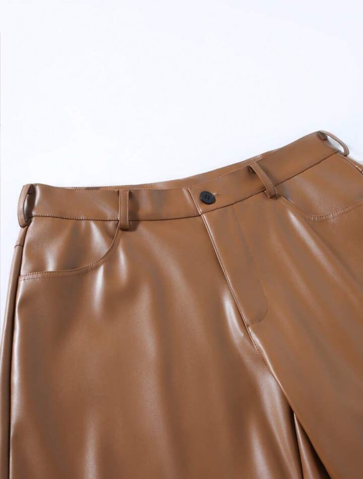 Men's Versatile Solid Color Casual Trousers Pants Brown Leather Pants